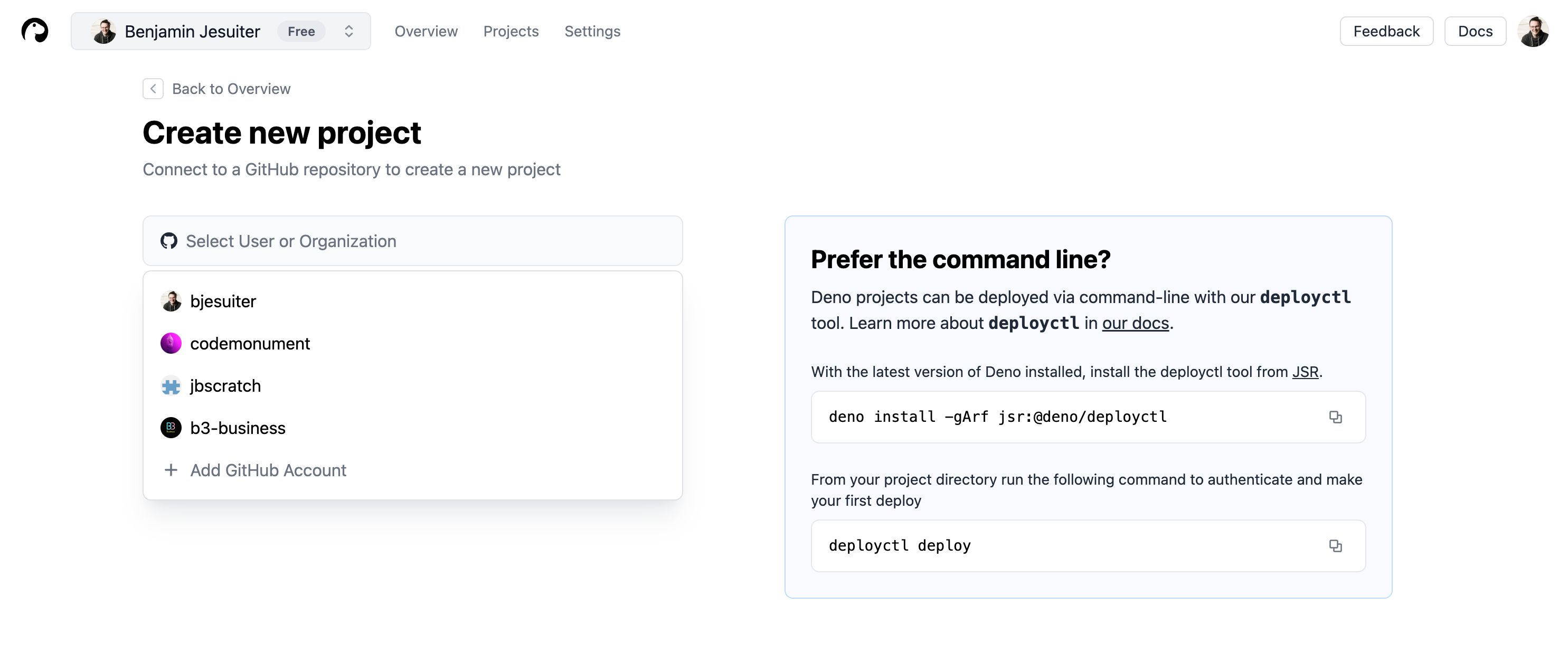 A screenshot of the deno deploy dashboard showing the dropdown to connect to a github repo or use the commandline