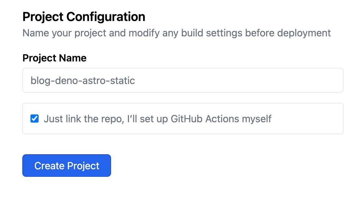 A screenshot of the deno deploy dashboard showing the project config - part 1