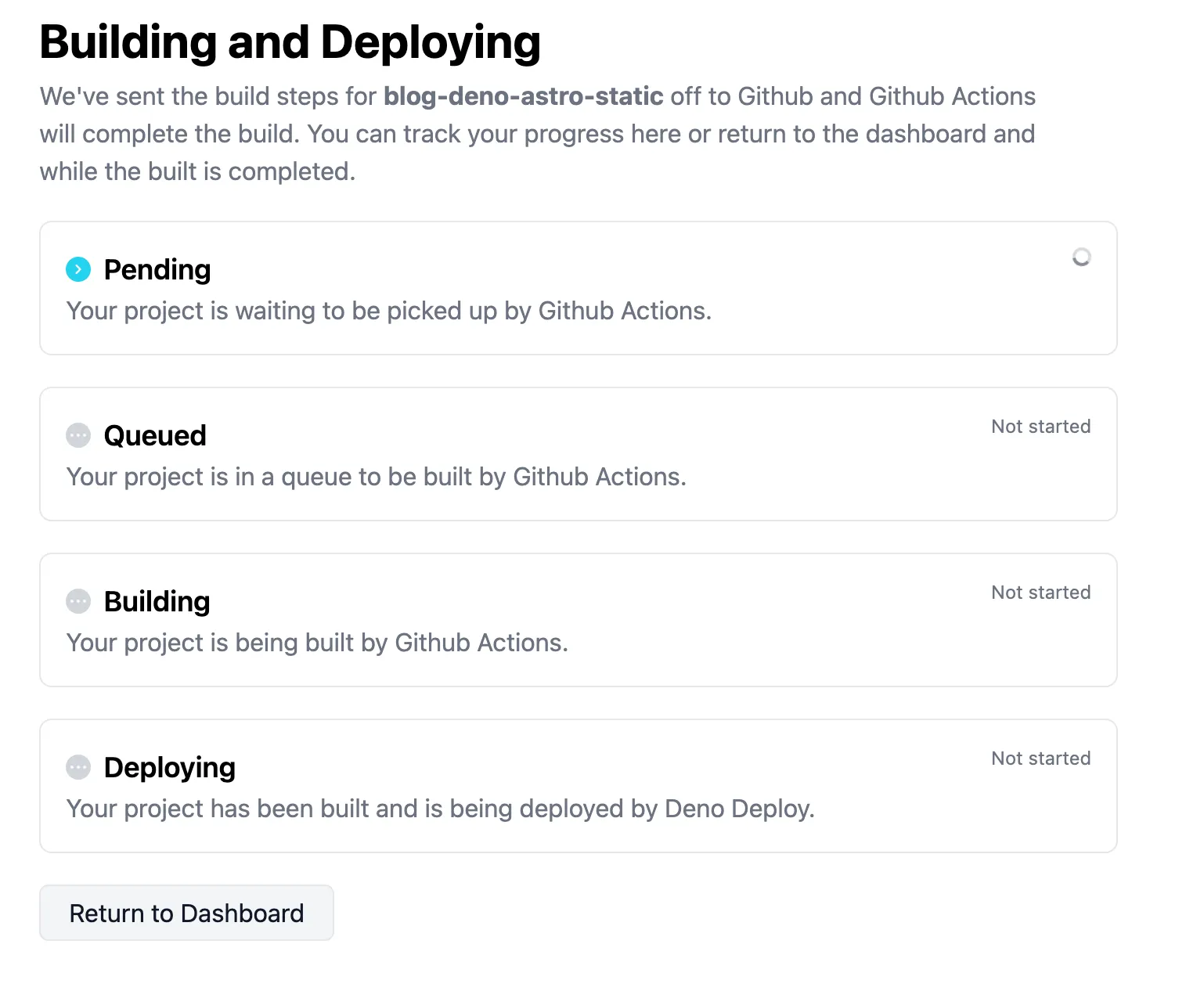 A screenshot of the deno deploy dashboard showing the build in progress